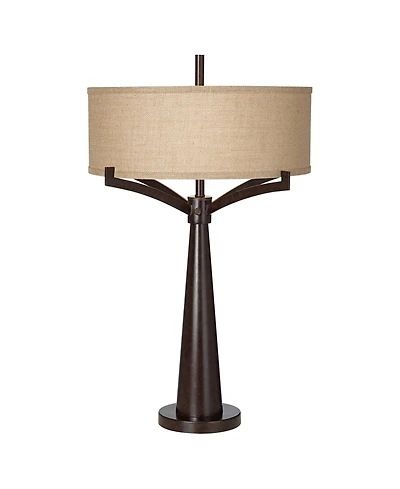 Franklin Iron Works Tremont Industrial Table Lamp 31 1/2" Tall with Usb Dimmer Cord Burlap Fabric Drum Shade for Living Room
