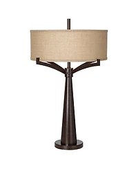 Franklin Iron Works Tremont Industrial Table Lamp 31 1/2" Tall with Usb Dimmer Cord Burlap Fabric Drum Shade for Living Room