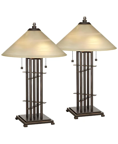 Franklin Iron Works Metro Collection 23 1/2" High Planes 'n' Posts Farmhouse Rustic Table Lamps Set of 2 Pull Chain Art Glass