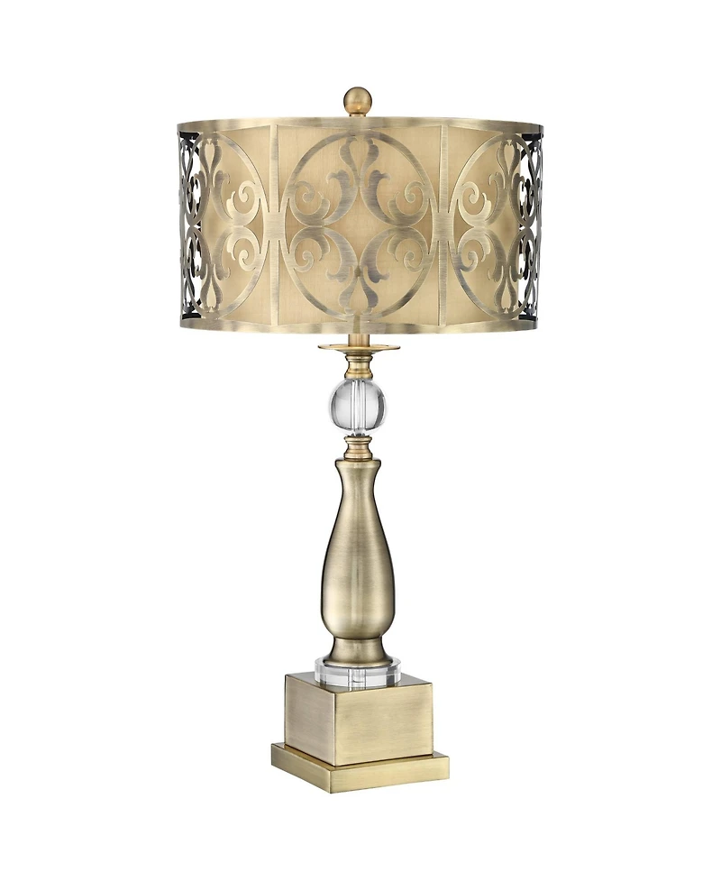 Possini Euro Design Traditional Table Lamp 30 1/2" with Usb Dimmer Tall Brass Metal stick Double Drum Shade for Bedroom Living Room House Home