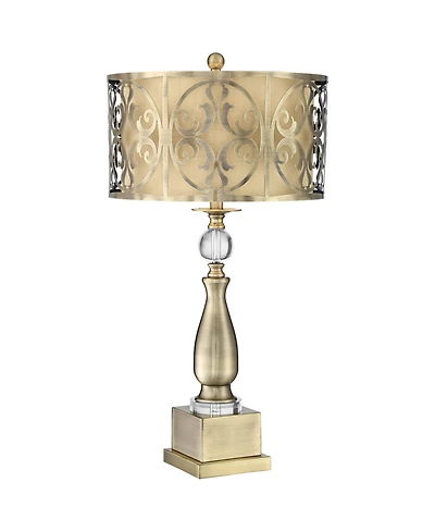 Possini Euro Design Traditional Table Lamp 30 1/2" with Usb Dimmer Tall Brass Metal stick Double Drum Shade for Bedroom Living Room House Home