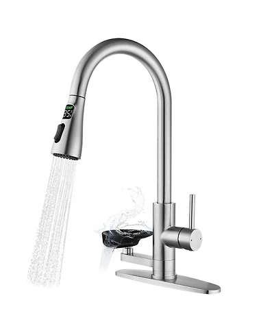 Busdays 3-in-1 Kitchen Faucet with Led Temp Display, Glass Rinser and Pull-Down Sprayer, Brushed Nickel