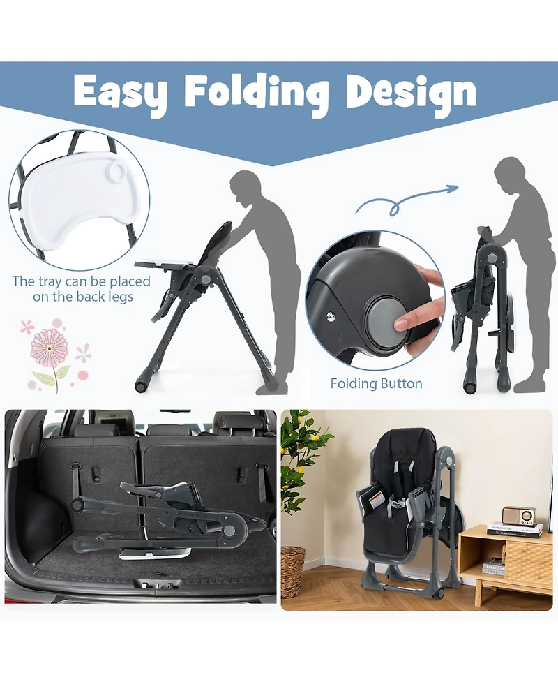 Gymax Toddler High Chair w/ 7 Height and 3 Footrest Adjustable Cup holder 2 Wheels