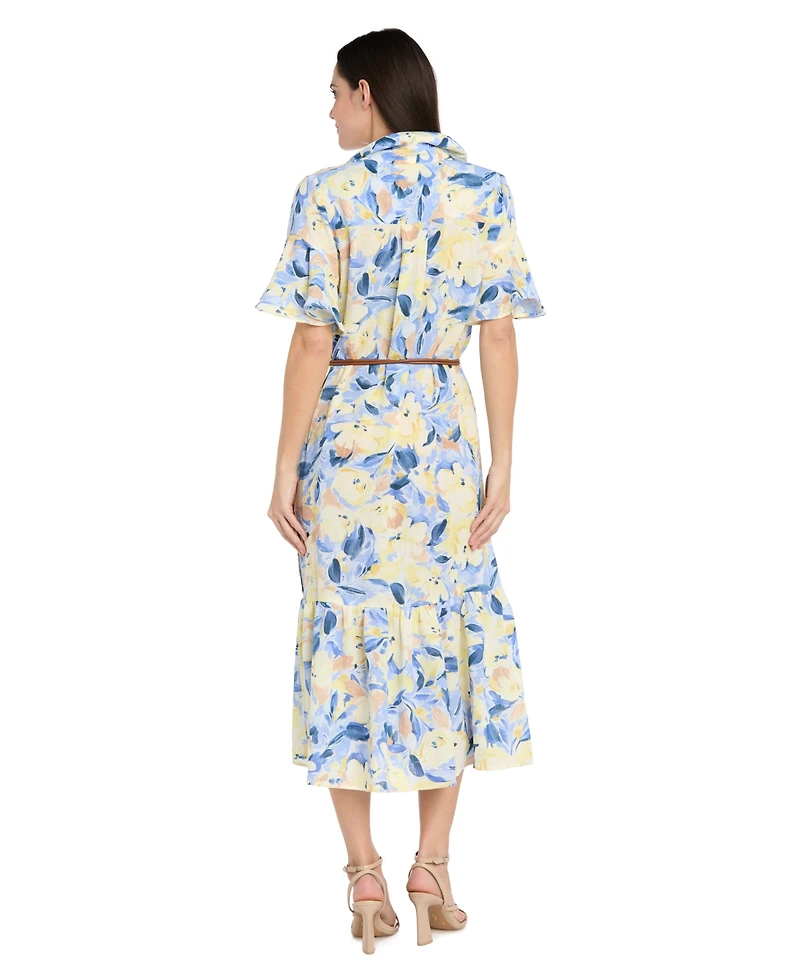 R & M Richards Petite Belted Collared Midi Dress
