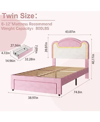 gaomon Upholstered Bed Frame with Led Lights & Storage Drawers, Fabric Headboard Wood Slats, No Box Spring Needed, Princess for Girls