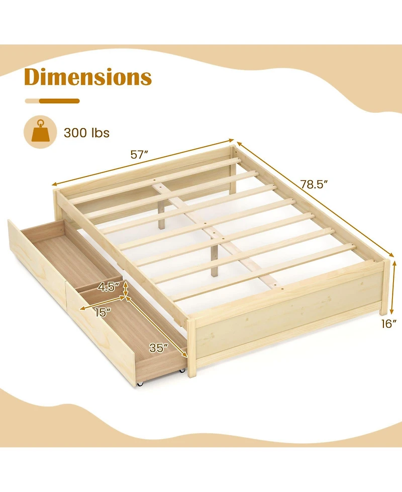 Sugift Wooden Bed Frame with Rolling Storage Drawers