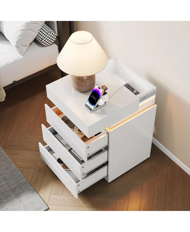Rainsken Modern Wooden Nightstand with Charging Station and Led Light, 3 Drawers and Sliding Top Design, Multifunctional Bedside Table for Bedroom