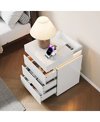 Rainsken Modern Wooden Nightstand with Charging Station and Led Light, 3 Drawers and Sliding Top Design, Multifunctional Bedside Table for Bedroom