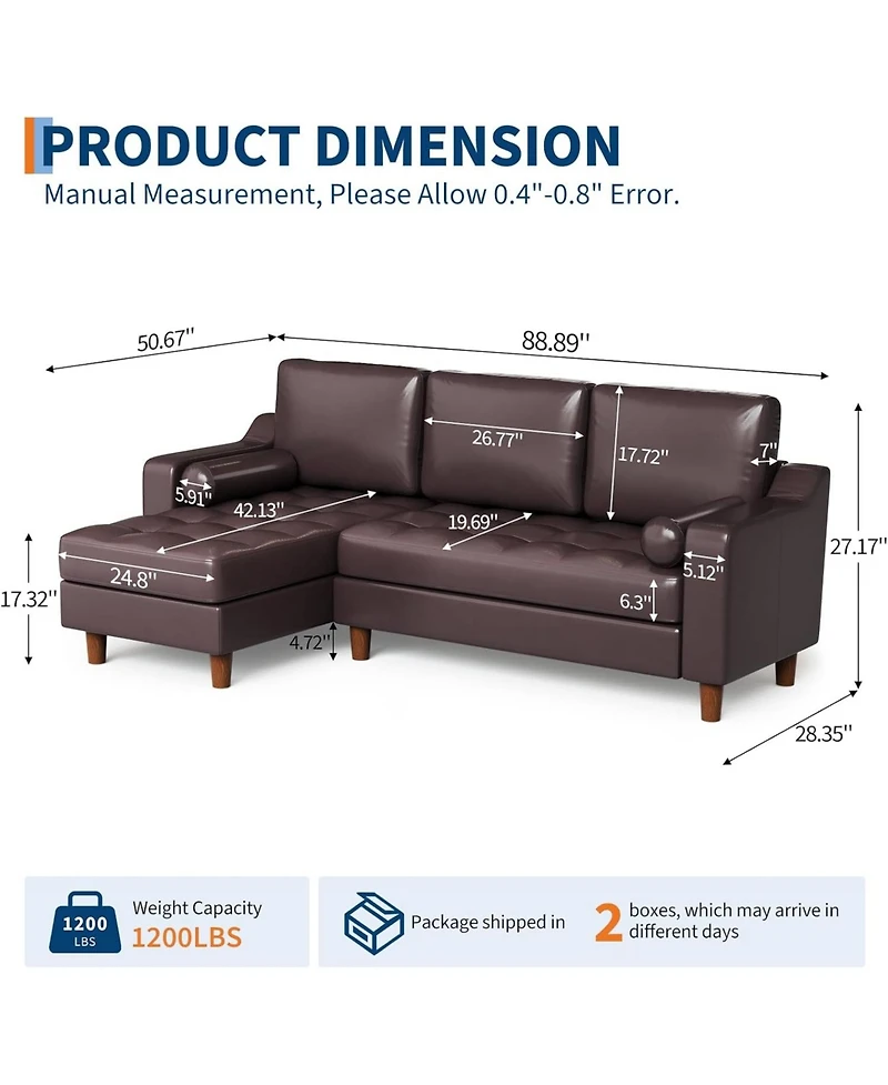 gaomon 89" L-Shaped Sofa with Chaise, Mid-Century Modern 3-Seater Couch