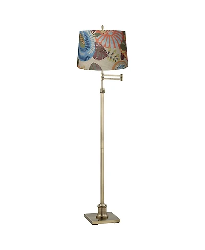 360 Lighting Swing Arm Floor Lamp Adjustable Height 70" Tall Antique Brass Tropic Flower Drum Shade for Living Room Reading Bedroom Office