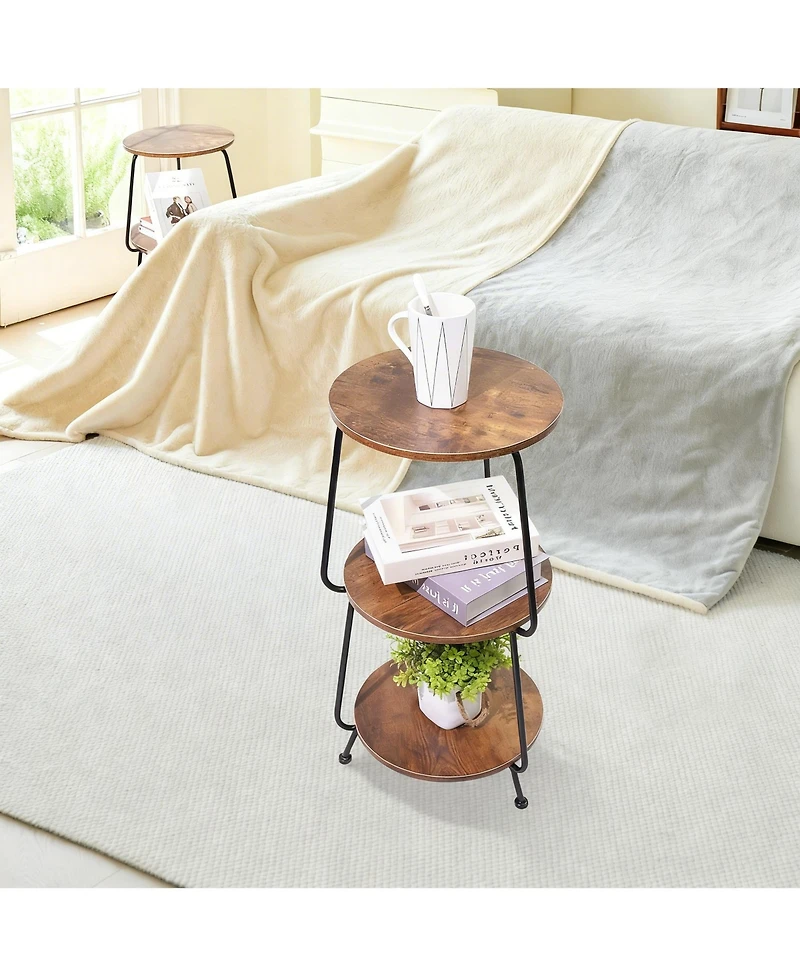 Yigii Small Round Side shelf 3 Tier Circular End Table Brown Nightstand Storage Shelf