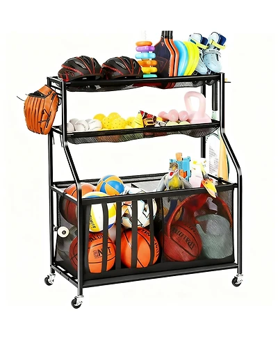 Yigii Organizer 37 Gallon Ball Storage Bin Steel shelf Baskets Hooks Elastic Straps Wheels