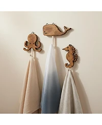 Yigii Sea Life Wooden Wall Hooks Set of 4 Handmade Animal Decorative Hooks for Nursery Beach Room