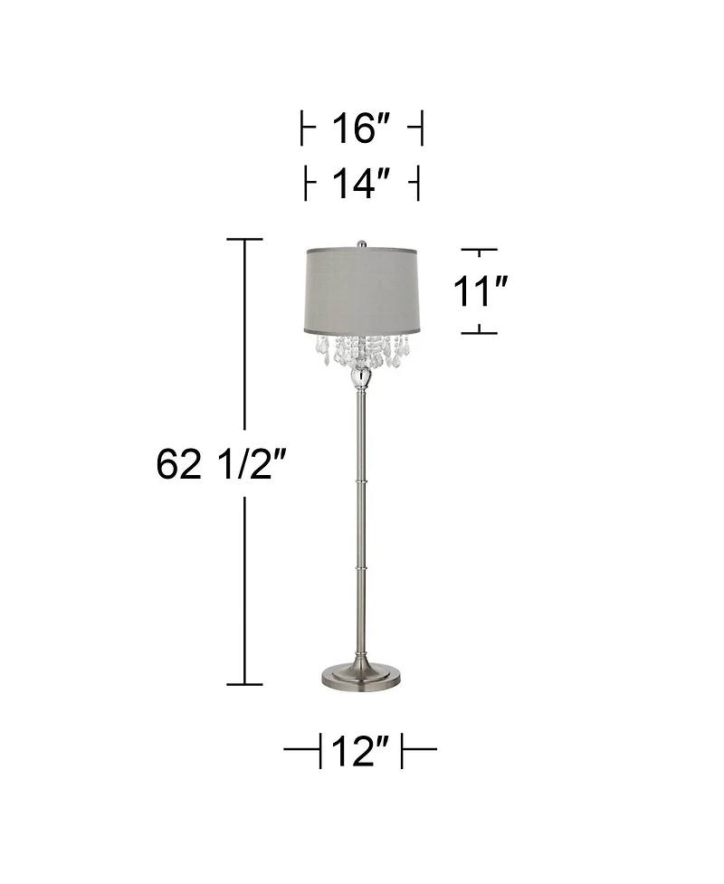 360 Lighting Modern Floor Lamp 62.5" Tall Satin Steel Chrome Crystal Chandelier Platinum Drum Shade for Living Room Reading Bedroom