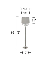 360 Lighting Modern Floor Lamp 62.5" Tall Satin Steel Chrome Crystal Chandelier Platinum Drum Shade for Living Room Reading Bedroom