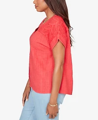 Ruby Rd. Petite Paisley Embroidered Gauze-Button T-Shirt