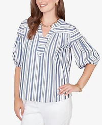Ruby Rd. Petite Striped Cotton Poplin Elastic-Cuff Top