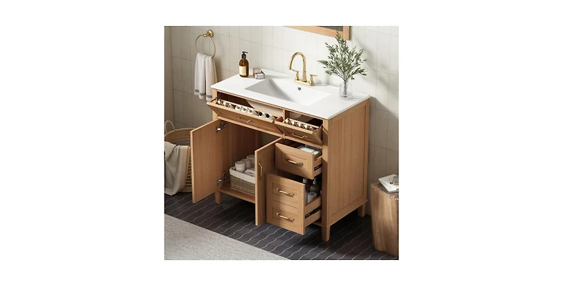 Busdays Modern Wood Grain Bathroom Vanity, Ceramic Sink, Solid Rubberwood Legs, Soft-Close Doors and 4 Drawers