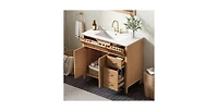 Busdays Modern Wood Grain Bathroom Vanity, Ceramic Sink, Solid Rubberwood Legs, Soft-Close Doors and 4 Drawers