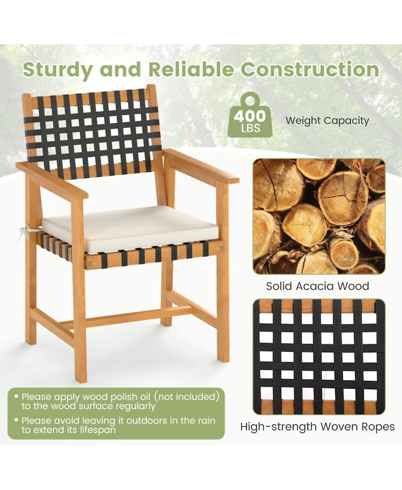 Gouun Set of 2 Woven Rope Acacia Wood Outdoor Dining Chairs with Cushions and Armrests
