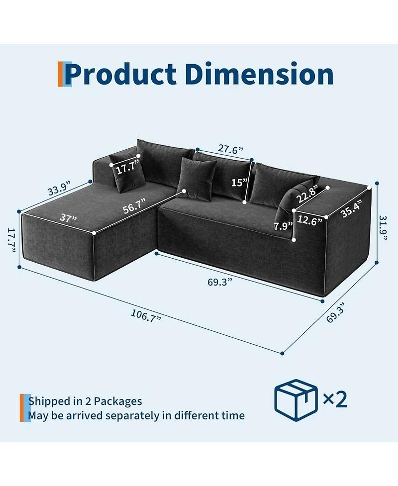 gaomon 106.7" Modular Sectional Sofa, L-Shaped Cloud Couch with Chaise