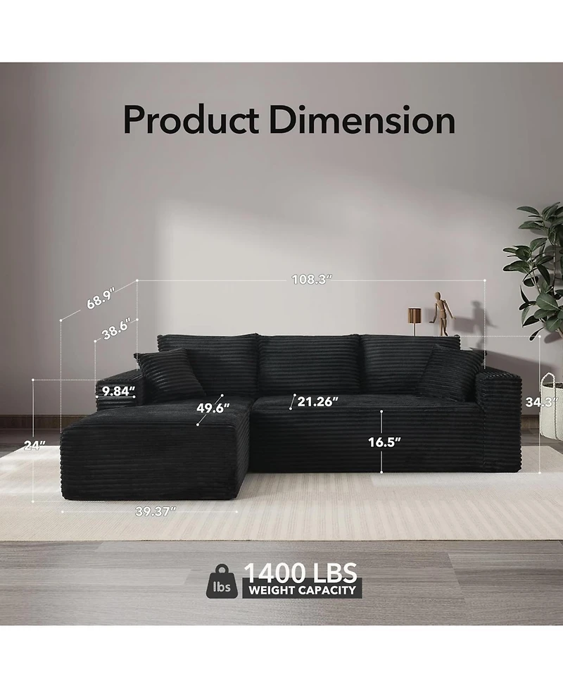 gaomon 108" Cloud Sectional Sofa, L-Shaped Couch with Deep Seat, Corduroy