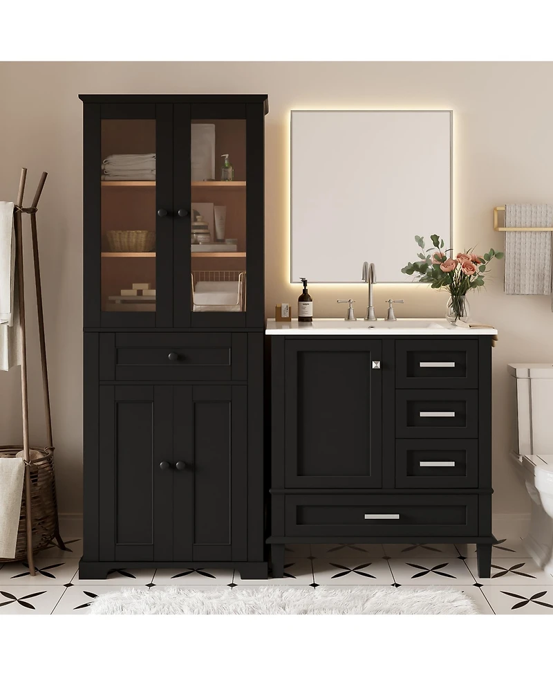 Busdays Bathroom Storage Cabinet and Vanity Sink Combo with Glass Doors, Drawer and Adjustable Shelves