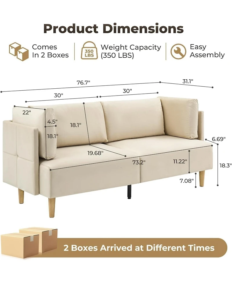 gaomon 76" Loveseat Sofa, Velvet 2-Seater Couch with Deep Seat and Pillows for Living Room