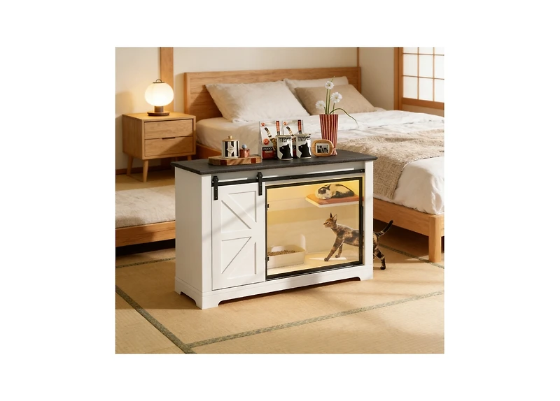 Zeus & Ruta 46 in. Farmhouse Cat Litter Box Enclosure with Sliding Barn Door Hidden Cat Cabinet with Led Light Storage