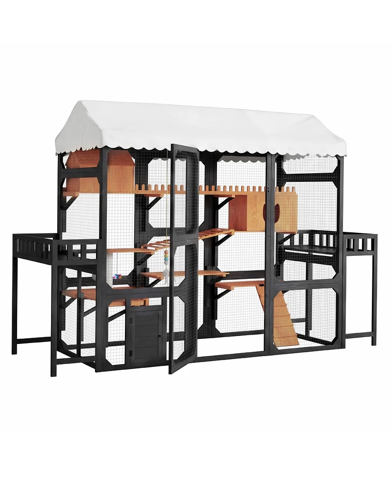 Zeus & Ruta Large Wooden Outdoor Cat Enclosure with Plant Stands Multi Level Playpen Weather Resistant Roof Climbing Ramp