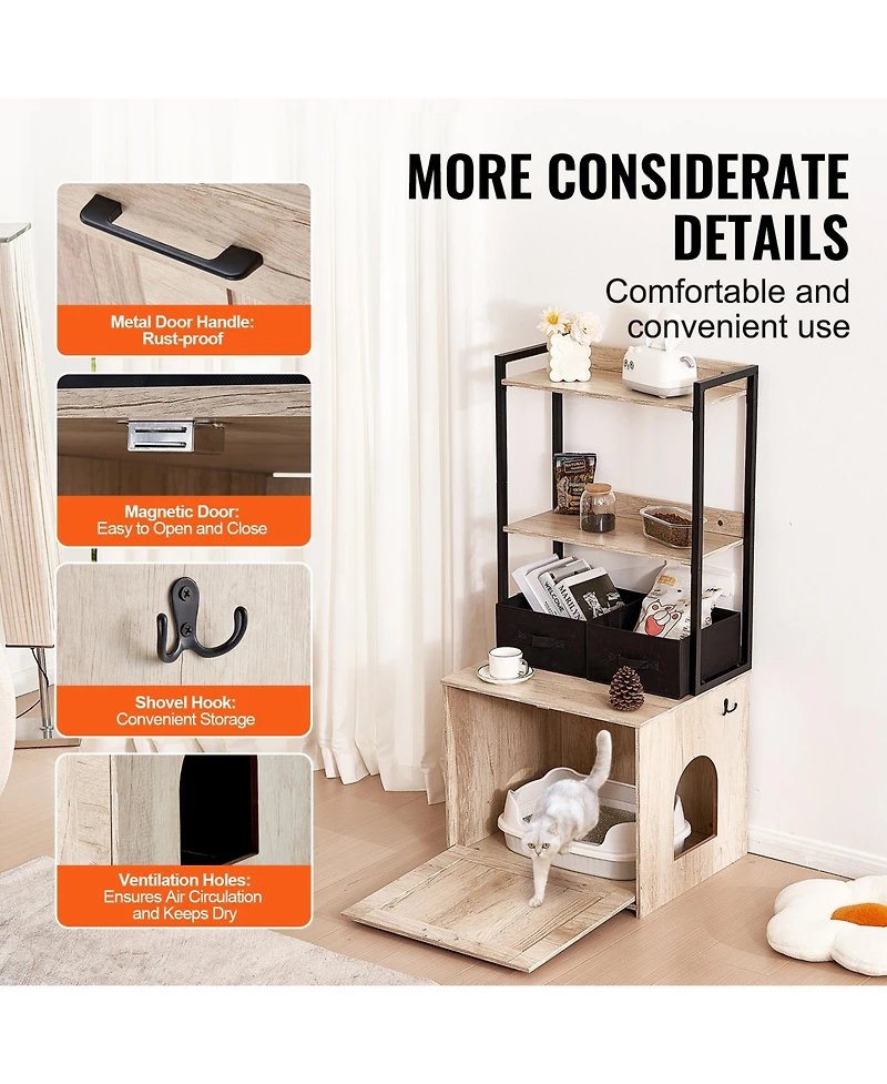 Zeus & Ruta Hidden Cat Litter Box Enclosure Furniture with 2 Shelves and 2 Baskets Modern Pet Cabinet
