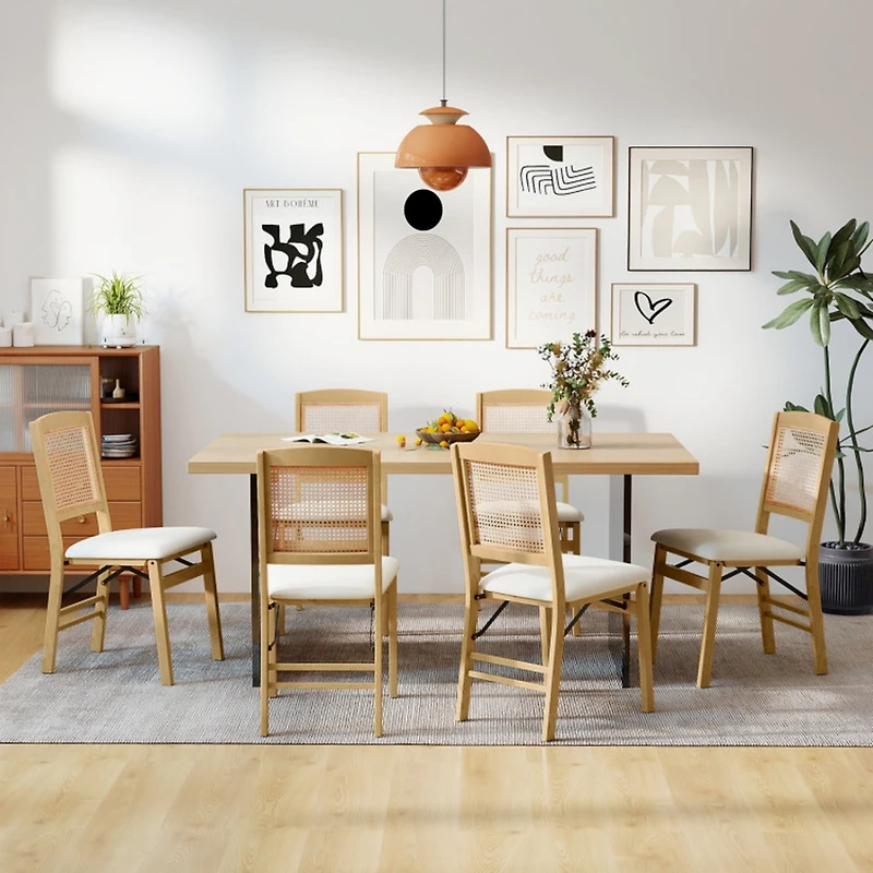Gouun Set of 2 Folding Rubber Wood Dining Chairs with Rattan Back and Linen Padded Seat