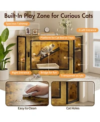 Zeus & Ruta 48 in. Corner Cat Litter Box Enclosure Modern Hidden Cabinet with Acrylic Door Led Light and Playground