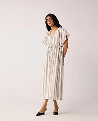 Reistor Women's Maxi Gathered Dress with Side Slits Stripes