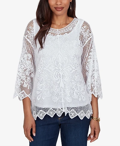 Ruby Rd. Petite Scalloped Medallion Crochet Lined Lace Top