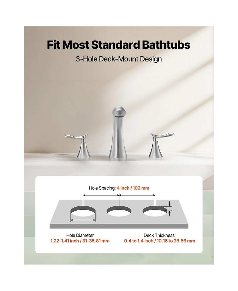 Busdays Brushed Stainless Steel 3 Hole Bathtub Faucet Set, Waterfall Gooseneck Deck Mount Tub Faucet with 2 Handles