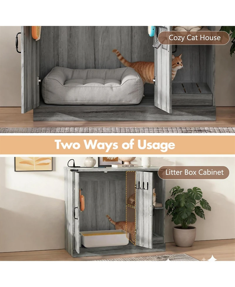 Zeus & Ruta Cat Litter Box Cabinet with Power Outlet Hidden Modern Furniture for Large Automatic Litter Boxes with Litter Catcher