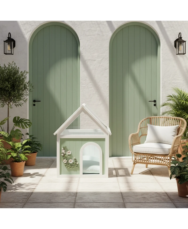 Zeus & Ruta Cedar Floral Carved Transparent Roof Cat House 63.5×47.5×77.6cm