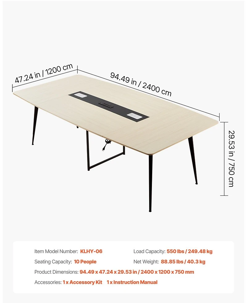 Gouun 8 ft Boat Shaped Conference Table for 10 Person with Charge Station, Modern Office Meeting Desk