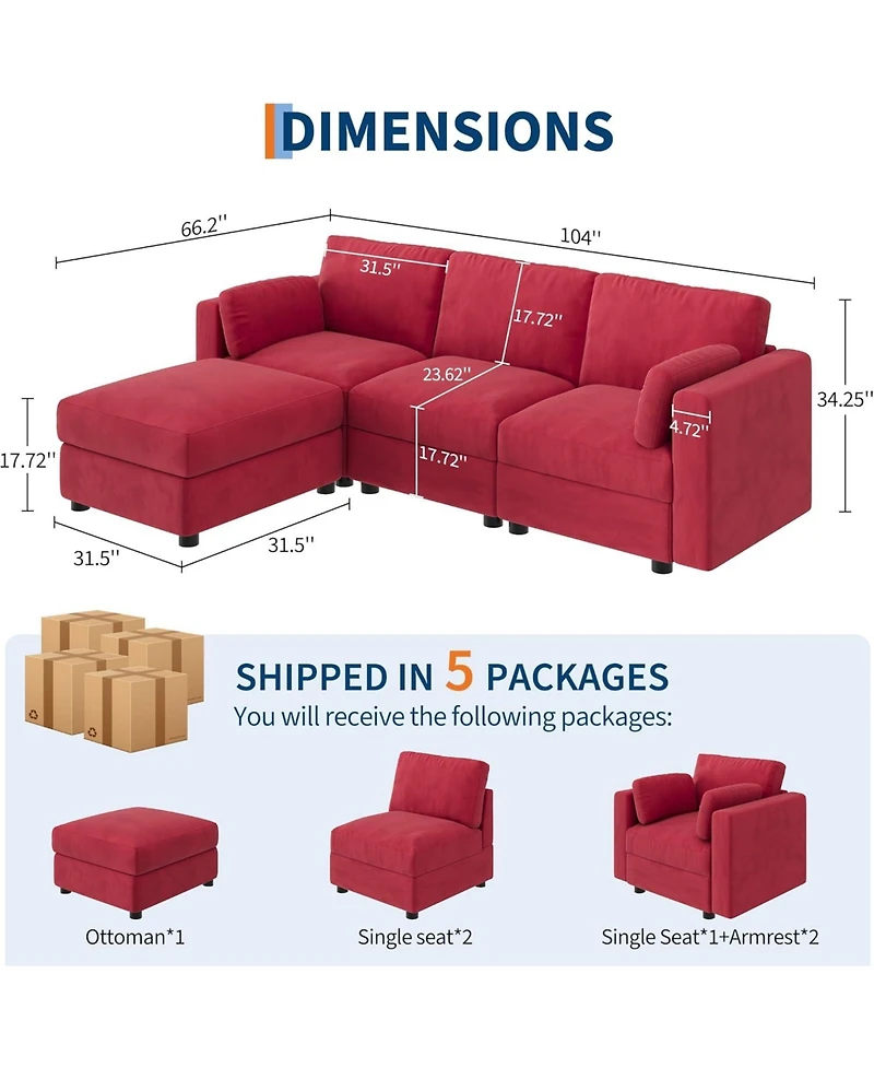 Gaomon Modular Sectional Sofa L-Shaped Couch with Movable Ottoman- Convertible Chenille Sofa