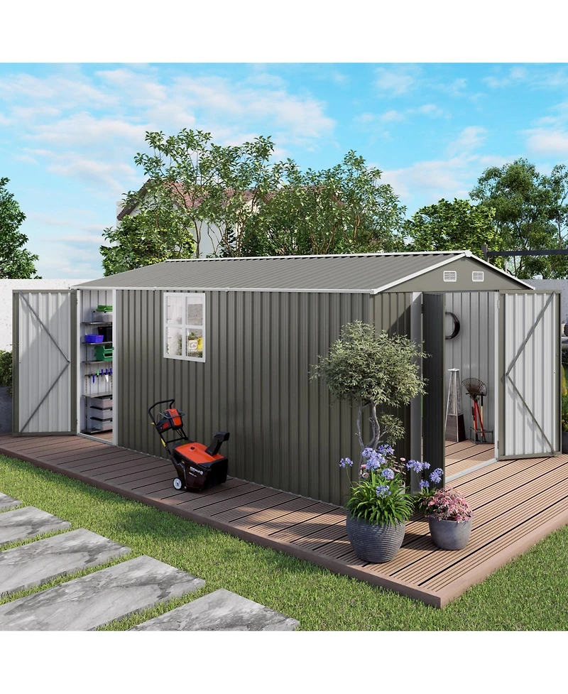 Mondawe 10 x 14 Ft Outdoor Metal Storage Shed with 3 Lockable Doors and Window, Large Garden Tool Shed