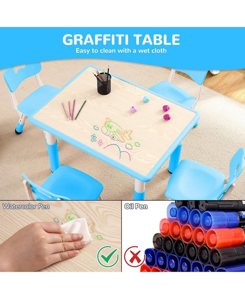 gaomon Kids Table and 4 Chairs Set, Toddler Height Adjustable Desk with Graffiti Desktop, Non-Slip Legs, Max 300lbs,Arts and Crafts Table