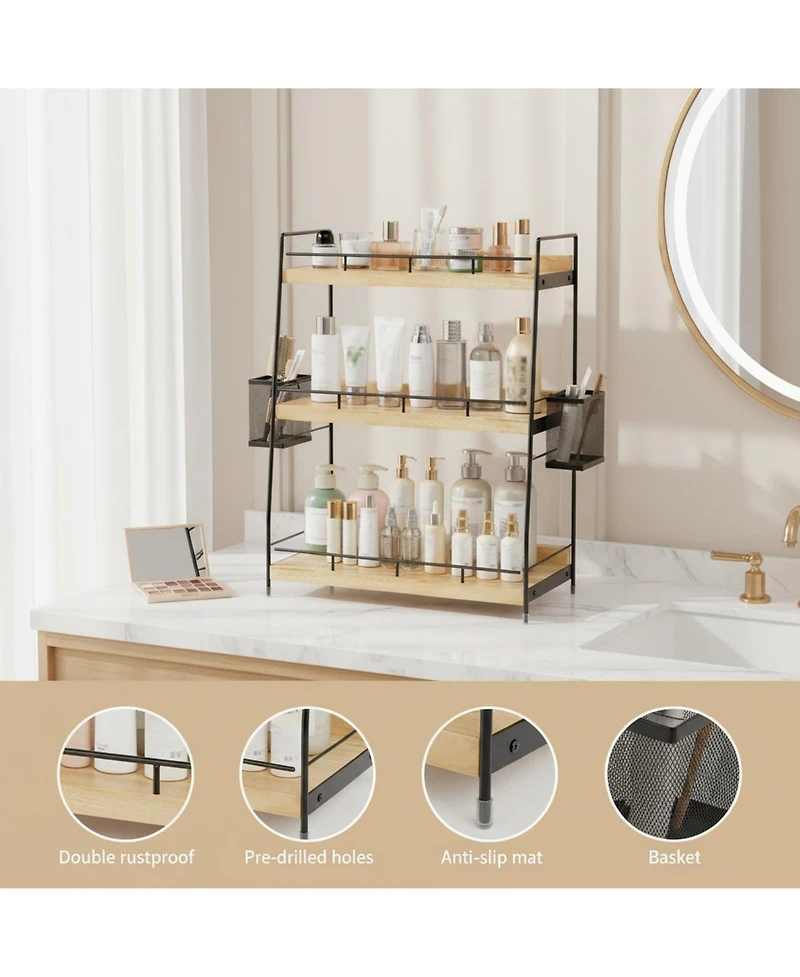 Yigii 3 Tier Bathroom Counter Organizer with Baskets Wooden Metal Storage Vanity Makeup Organiser