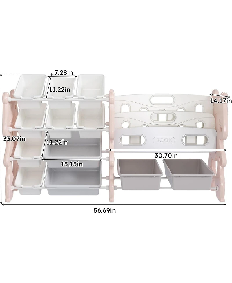 Rainsken Kids Bookshelf, Toy Storage Organizer with 12 Toy Bins and 2 Tier Display Rack for Playroom, Bedroom, Kids Room and Classroom