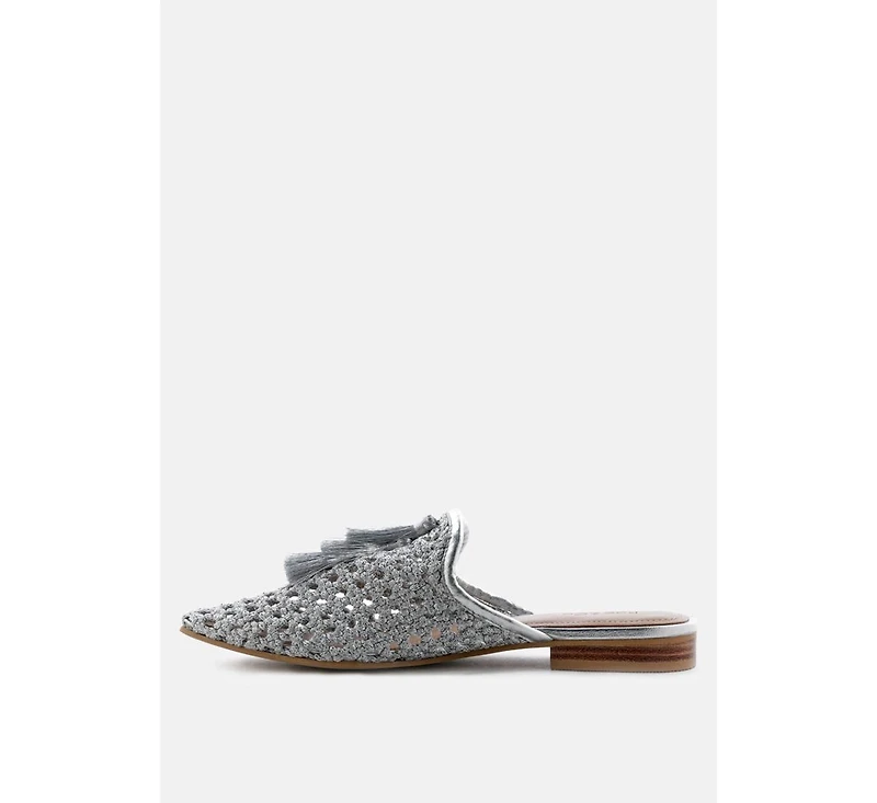 Melanie Womens Tassels Embellished Woven Flat Mules