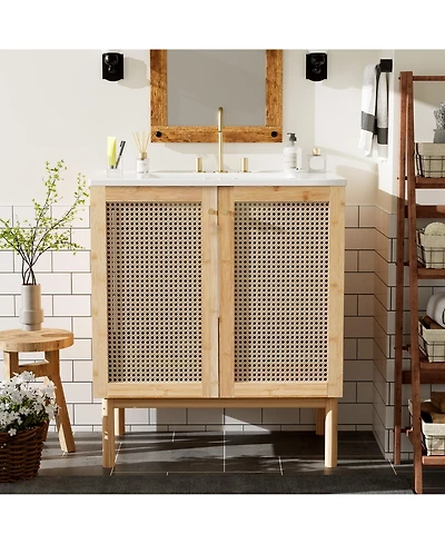 Busdays 30-inch bathroom vanity crafted from natural materials, featuring handmade rattan doors and soft-closing mechanisms