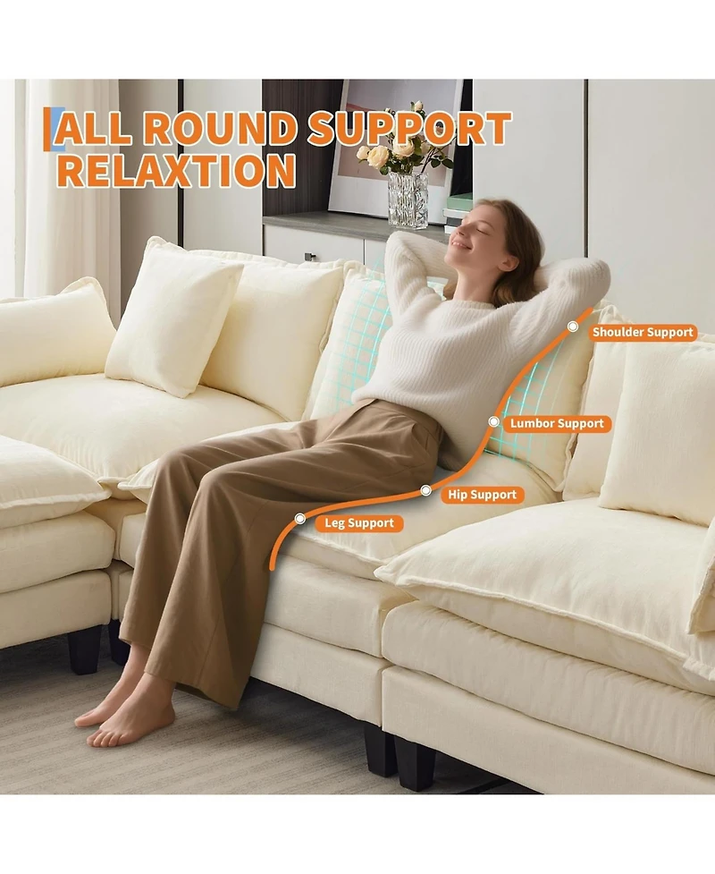 gaomon 112" U-Shaped Modular Sectional Sofa, Deep Seat Cloud Couch with Chenille and Corduroy, 2 Ottomans and Armrests