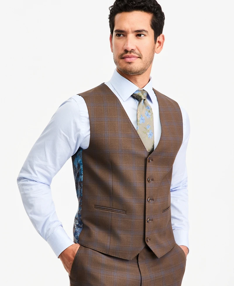 Tayion Collection Men's Classic-Fit Brown Plaid Suit Separate Vest