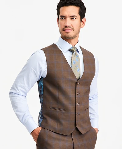 Tayion Collection Men's Classic-Fit Brown Plaid Suit Separate Vest