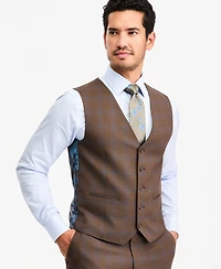 Tayion Collection Men's Classic-Fit Brown Plaid Suit Separate Vest